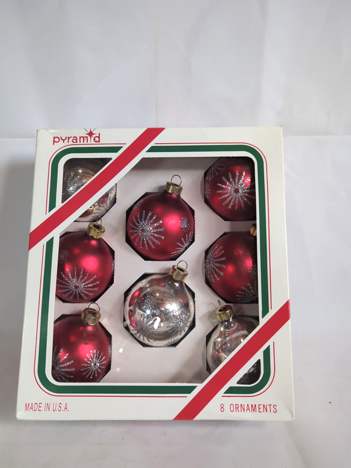 Vintage Rauch red & silver Glass Ornaments Starburst glitter pattern 2.25″ 600D