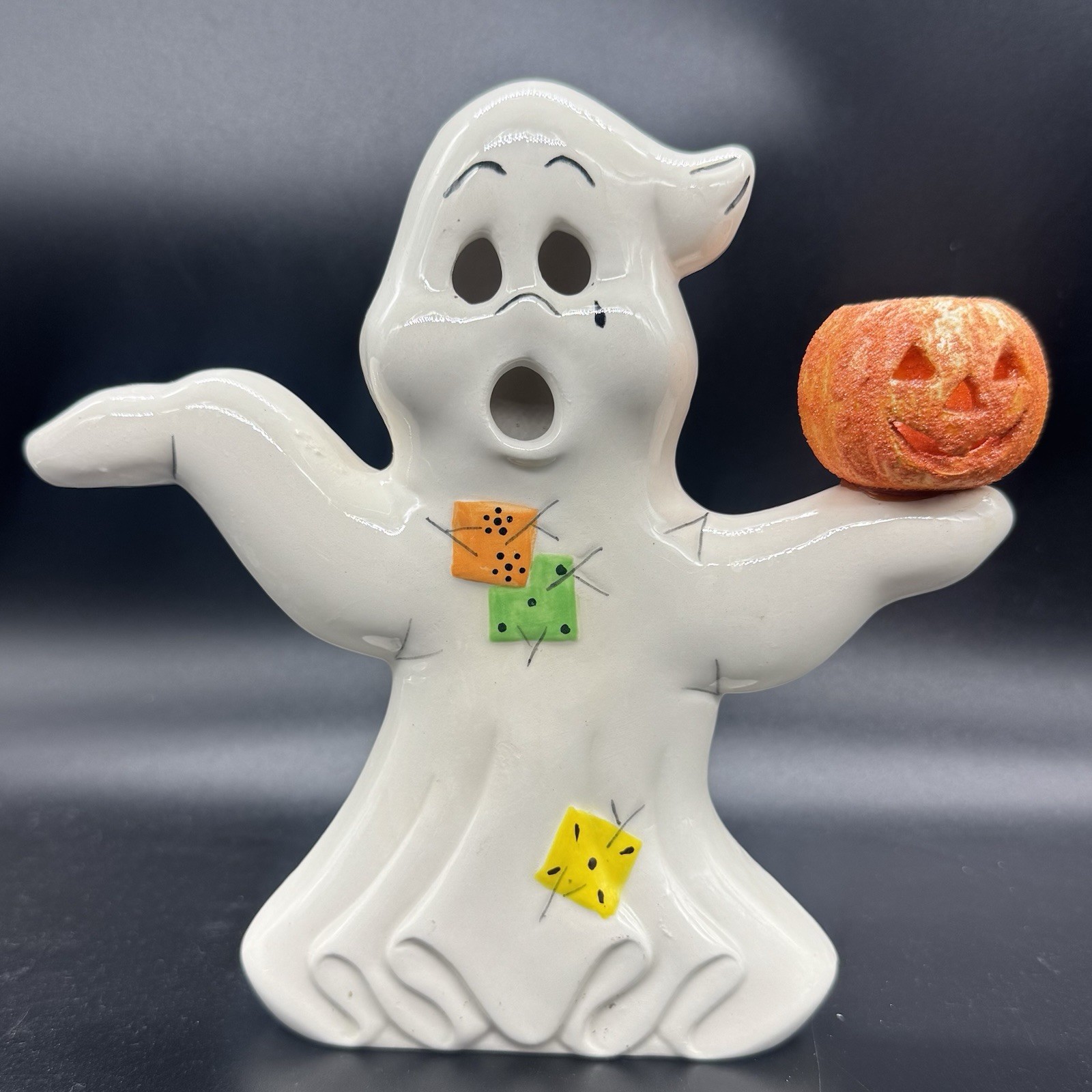 Ceramic Two Sided Ghosts Patchwork Holding Jack-o’-lantern Sad Happy 7”Halloween
