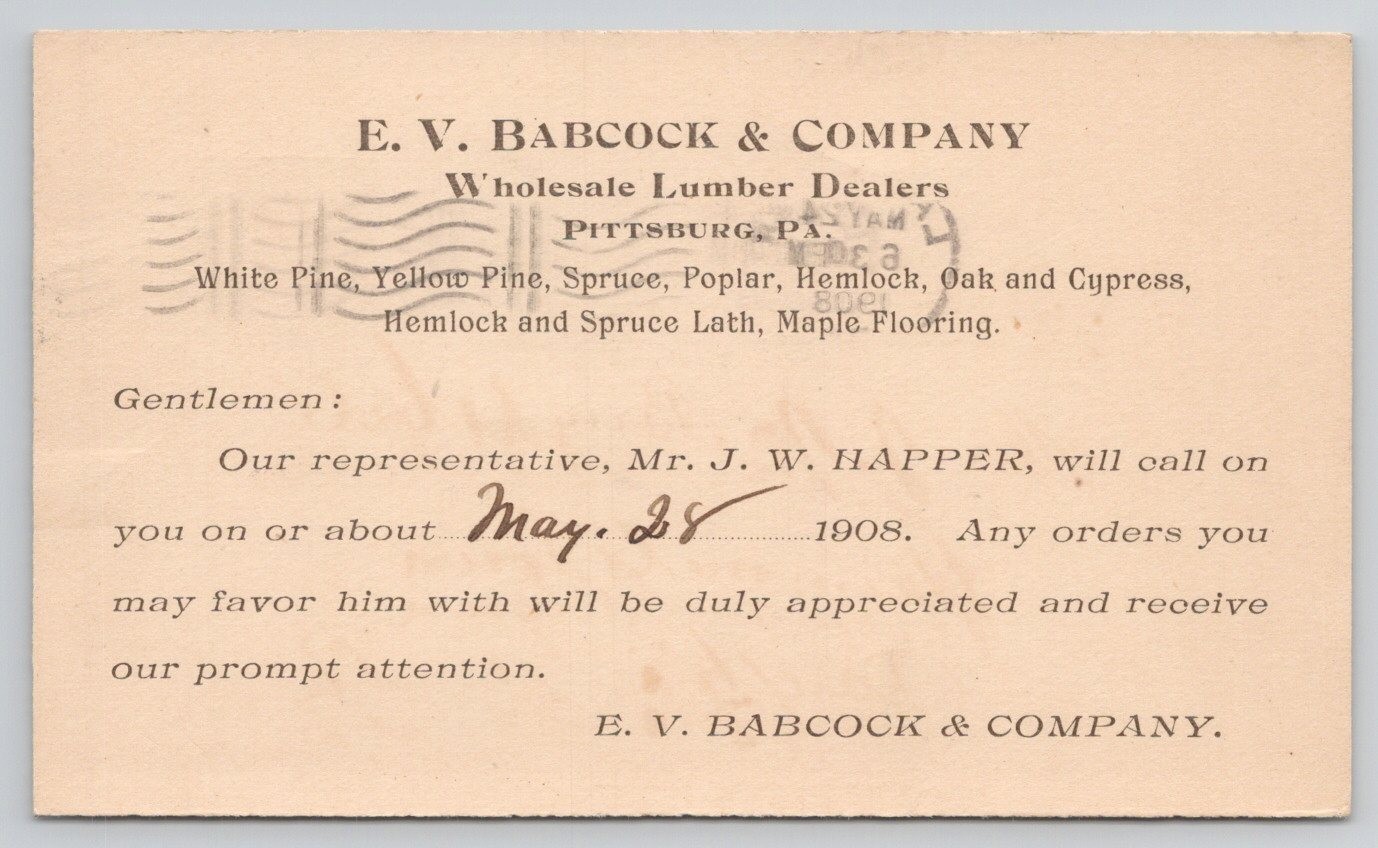 1908 E.V. Babcock & Co Wholesale Lumber Dealer Pittsburg PA Advertising Postcard