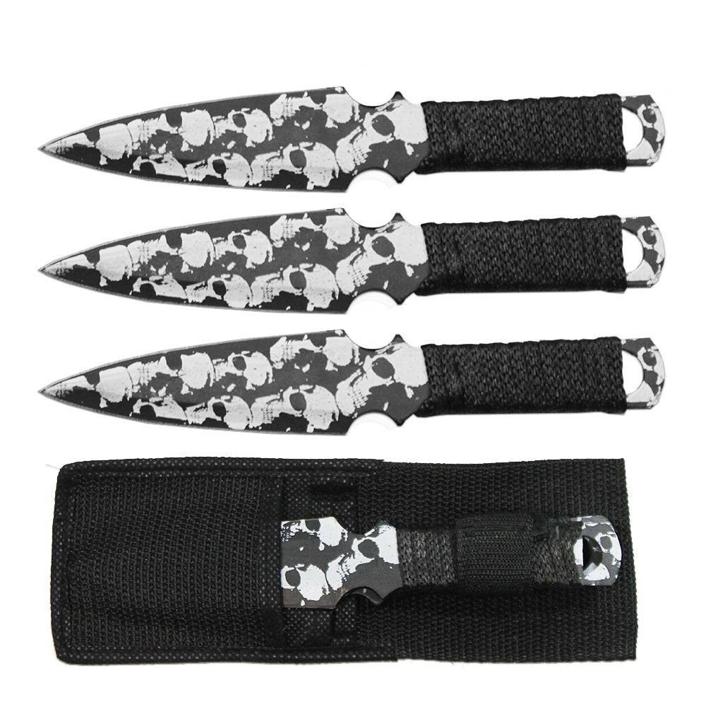 8″ Black & White Skull Cord Wrapped Throwing Knife Set w/ Nylon Sheath