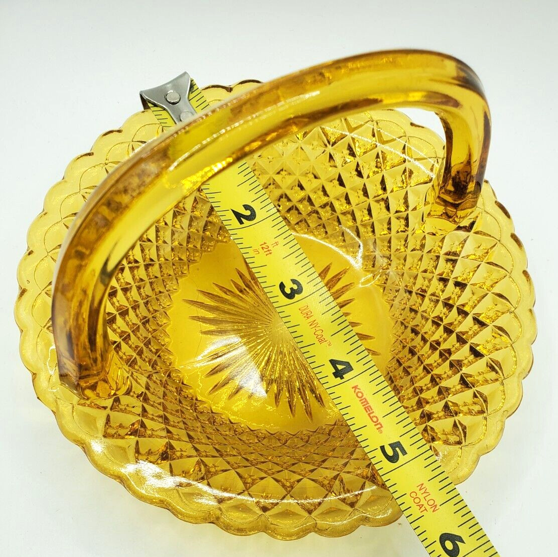 Glass Handled Basket Yellow Diamond Pattern Mid Century