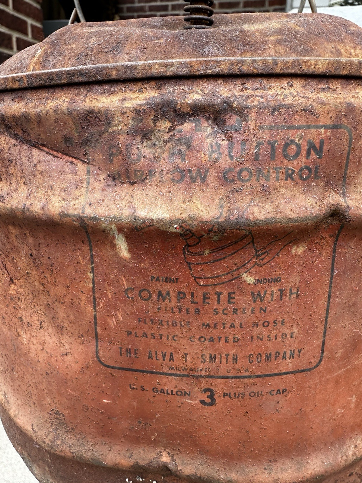 Vintage Phil Rite Push Button Air Flow Regulated 2 Gallon Gasoline Can 11″x10″