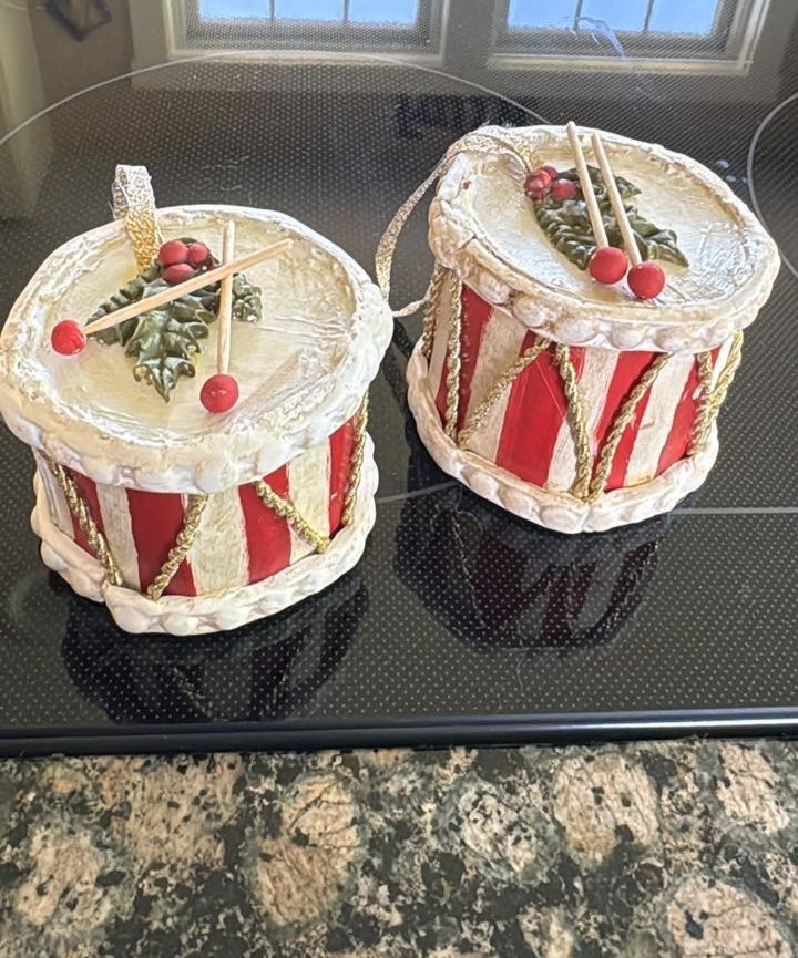 Vintage Paper Papier Mache Christmas Ornament Drums Holly Hand made