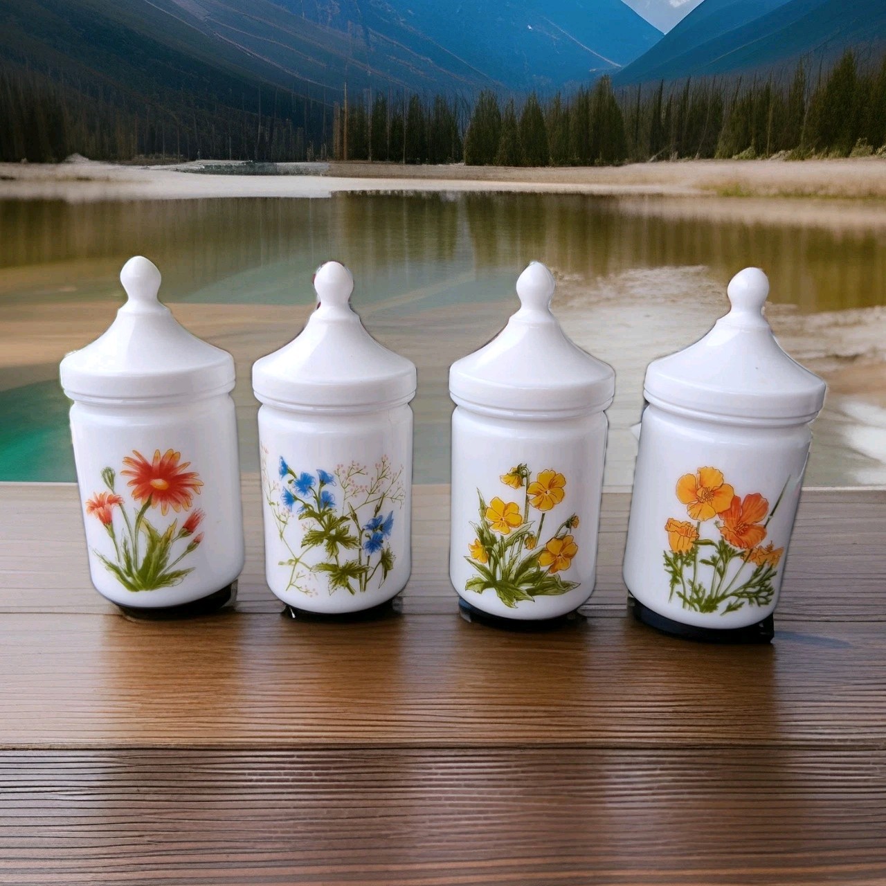 Lot of 4 France Floral Milk Glass Apothecary Jars w/ Lids 6.25″ Inches Tall VTG