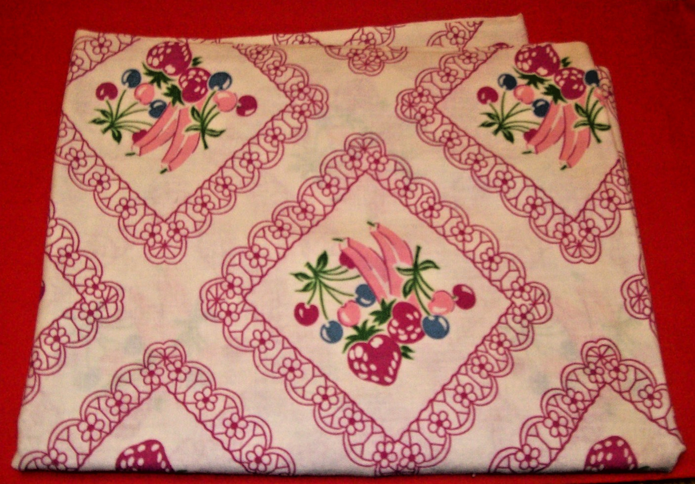Vtg Feed Sack Fabric fruit pink on white 1930’s-1950’s “-37″ x 44”