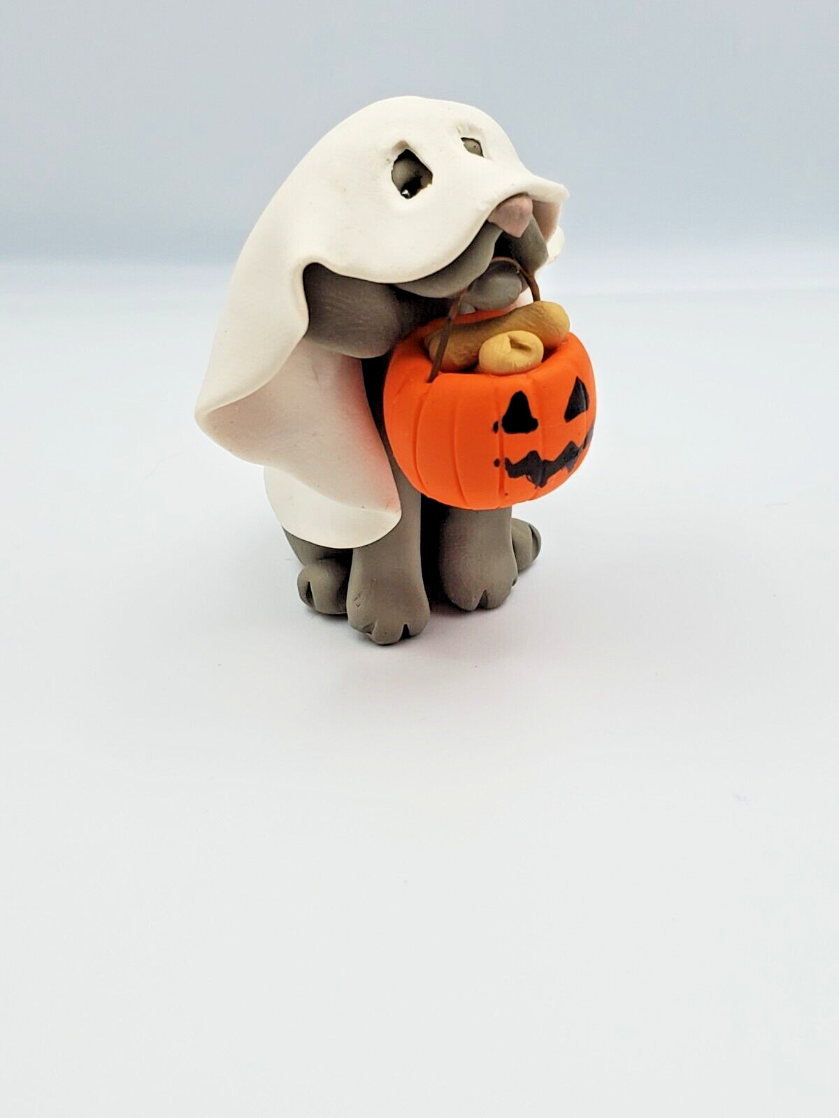 WEIMARANER HALLOWEEN Ghost w/Pumpkin Miniature Figurine HANDMADE Polymer Clay