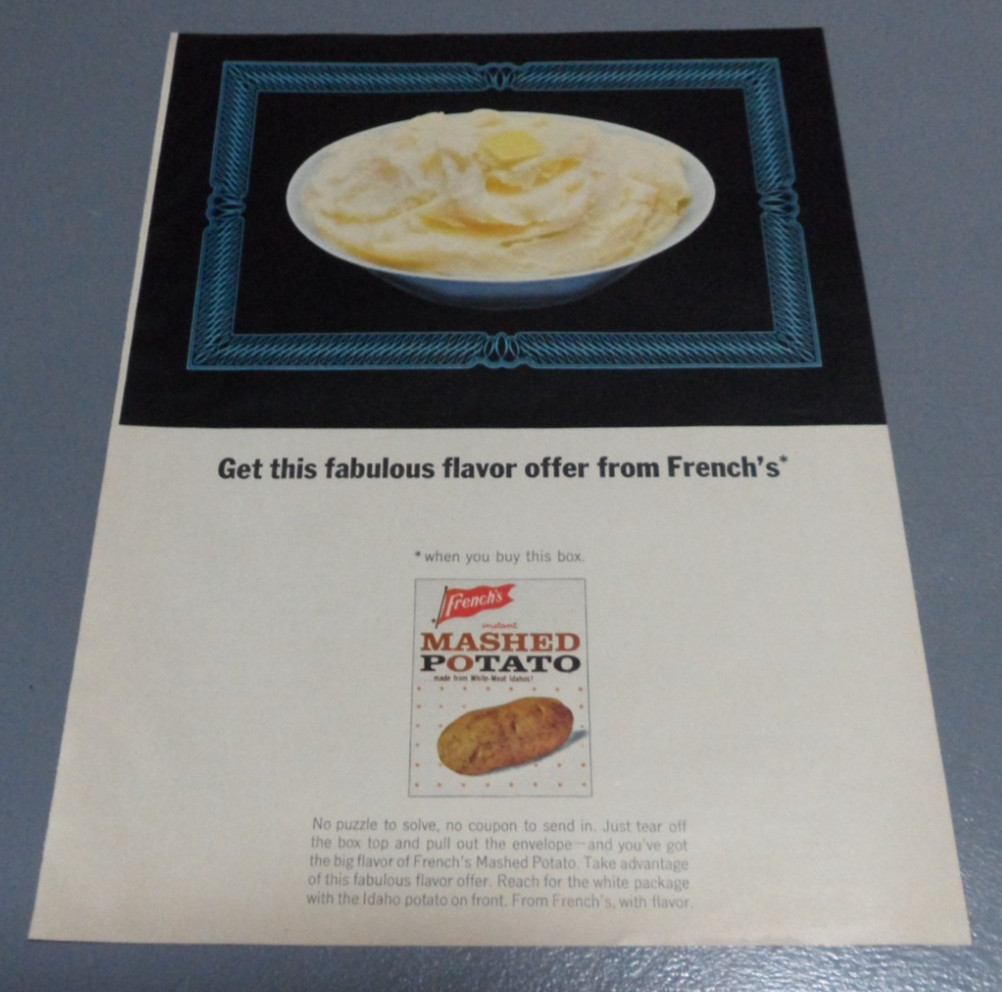 60s Print Ad French’s Instant Mashed Potato Flavor Offer Bowl of Mash Food 001