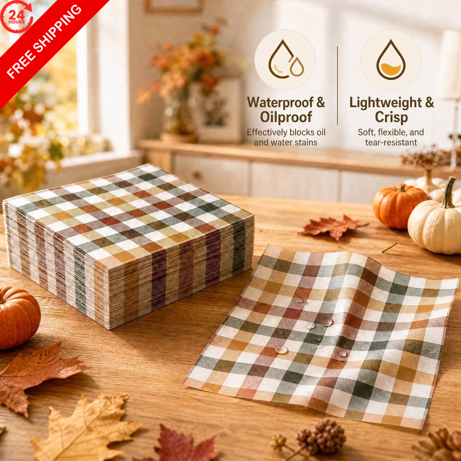 150 Sheets Fall Buffalo Plaids Wax Paper for Food Deli, 9.8 x 8.3 inch,