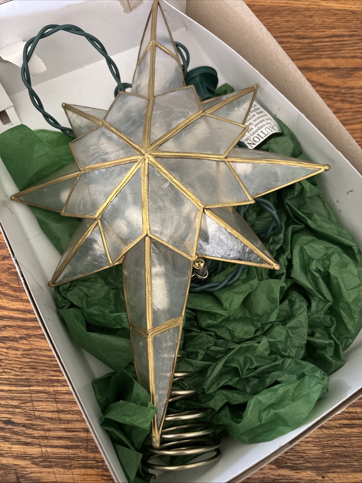 Kurt Adler Capiz Shell Illuminated Tree Top Topper Star Gold Metal Scroll Hearts