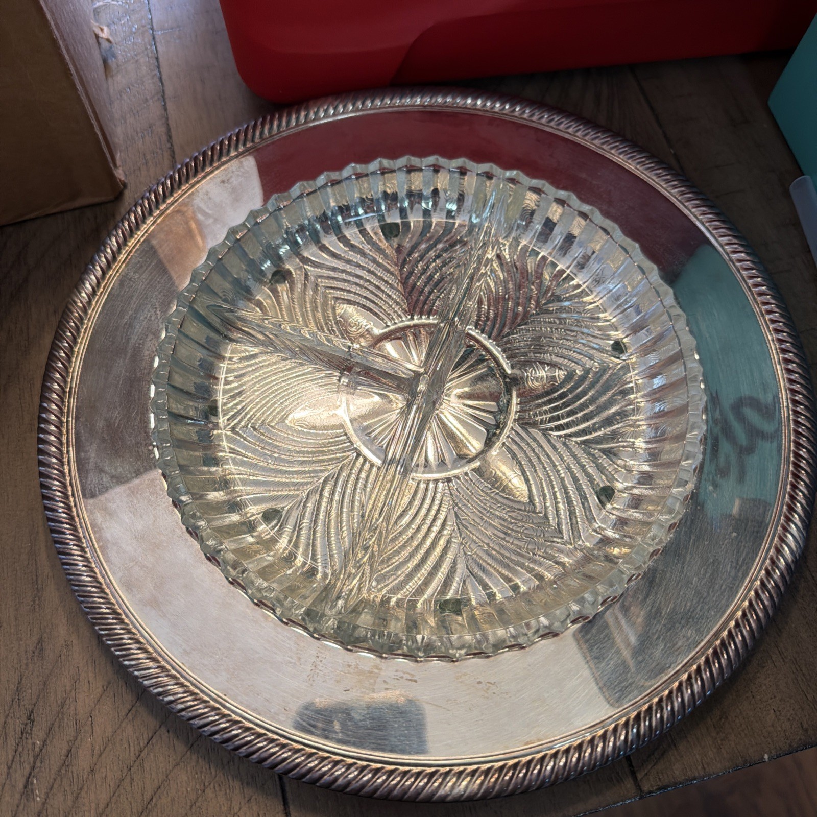 WM Rogers Silver Plated Tray W/ Glass 3 Way Divided Dish