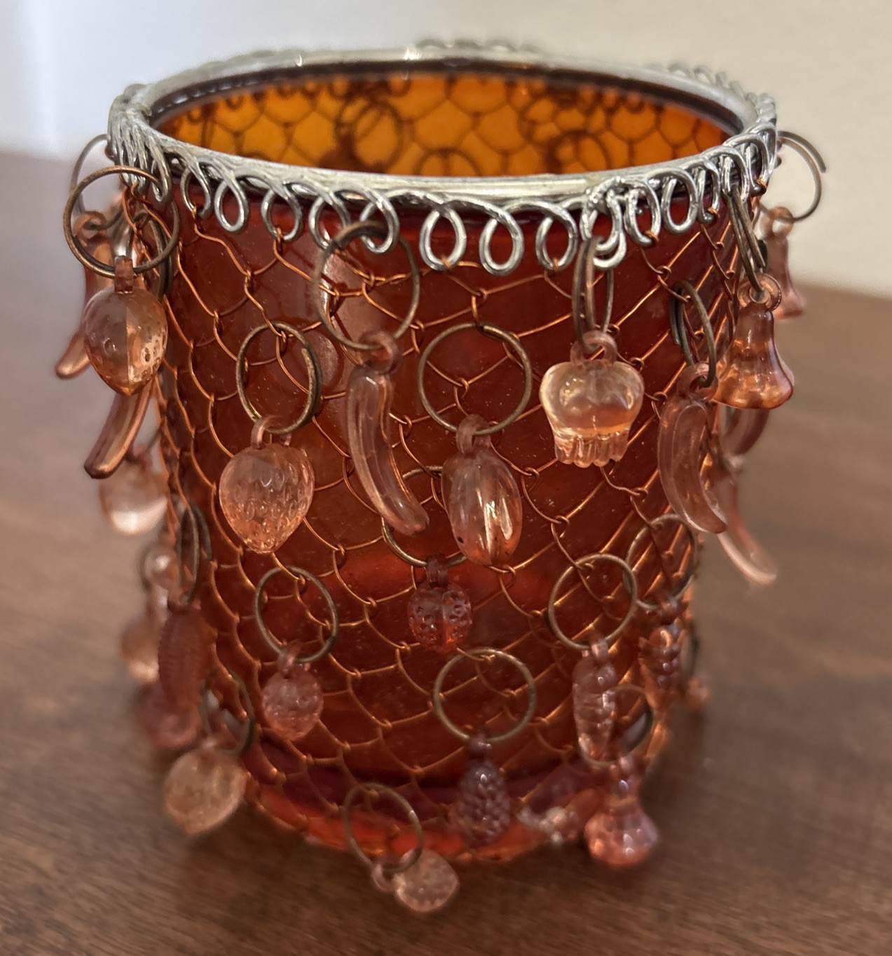 Beaded Glass Votive Candle Holder Boho Plastic Beads Metal Wrap Amber 3” X 3”
