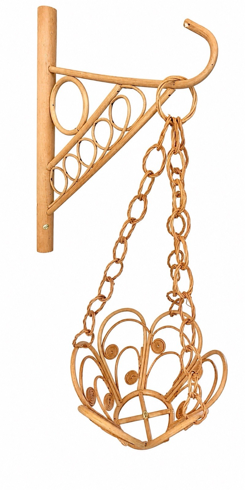 VTG Mid Century Pencil Reed Rattan Hanging Plant Basket Wall Bracket Boho NOS