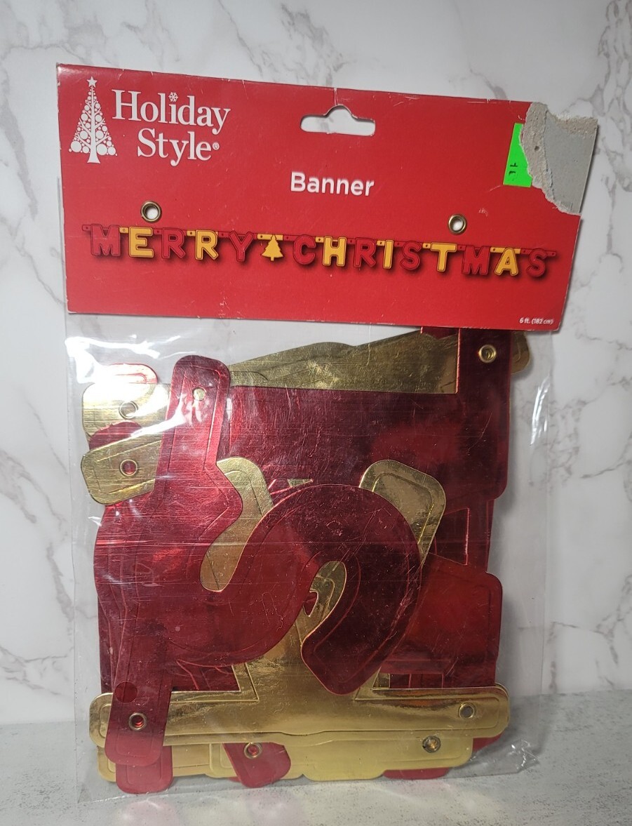 Merry Christmas Foil Stock Banner Cardboard Gold Red Shiny 6 Foot NEW NIP