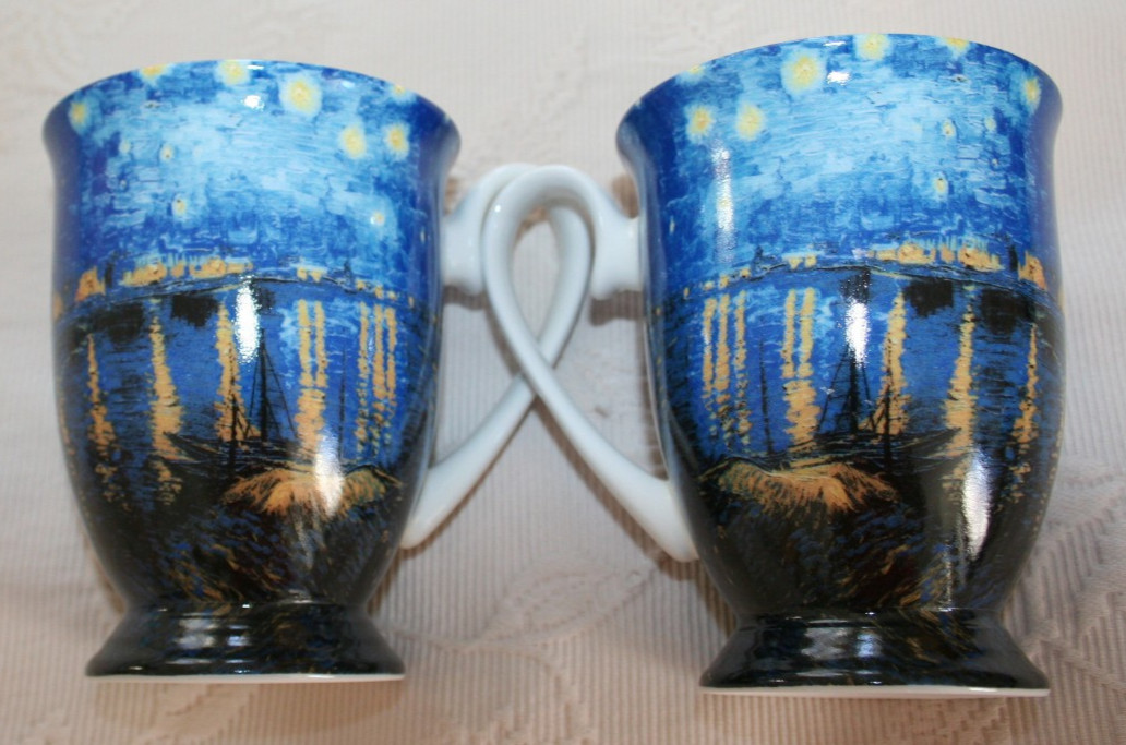 Van Gogh STARRY NIGHT Over the Rhone STECHCOL Set of 2 Footed Mugs Signature