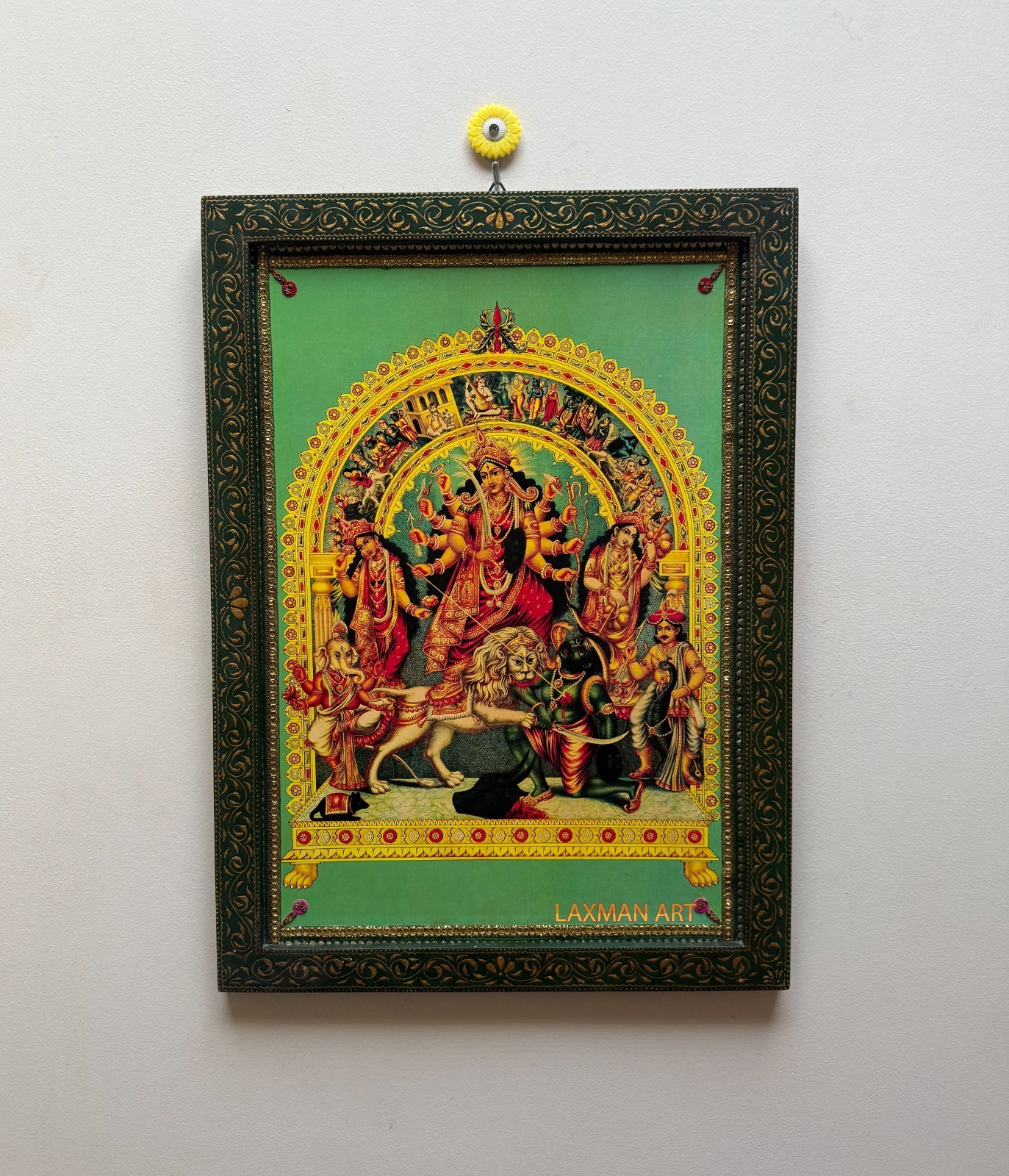 Vintage Durga Poster Art Frame painted Hindu Goddess Handcrafted Decor-16×22″