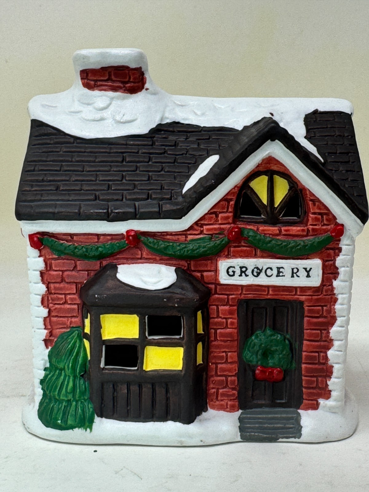 Christmas Village Grocery Store Ceramic House Red Brick Snow Holiday Decor