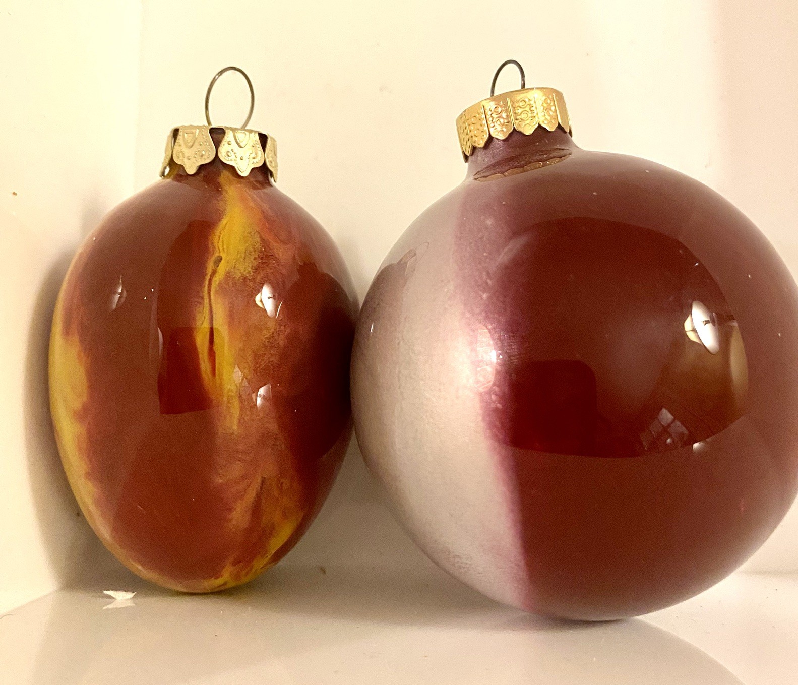 2 Vtg Glass Swirl Painted Ornaments Round And Oval