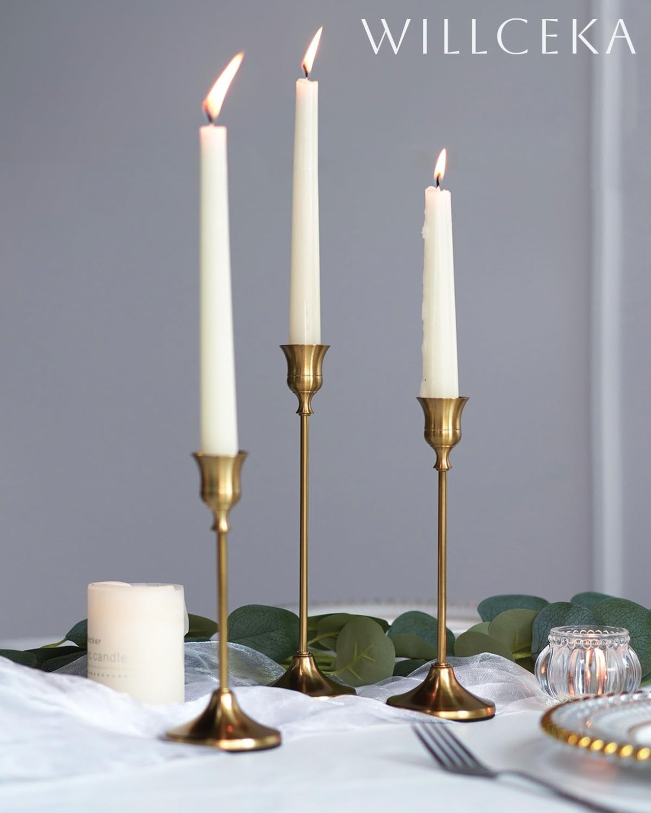 Willceka Gold Candlestick Holders, Taper Candle Holders, Set of 6 Brass Candl…