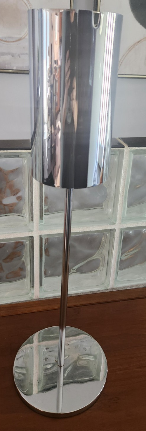 Hugh Acton Cylindrical Chrome Plated Ash Stand Mid Century 25″T x4.5″W x7.5″B