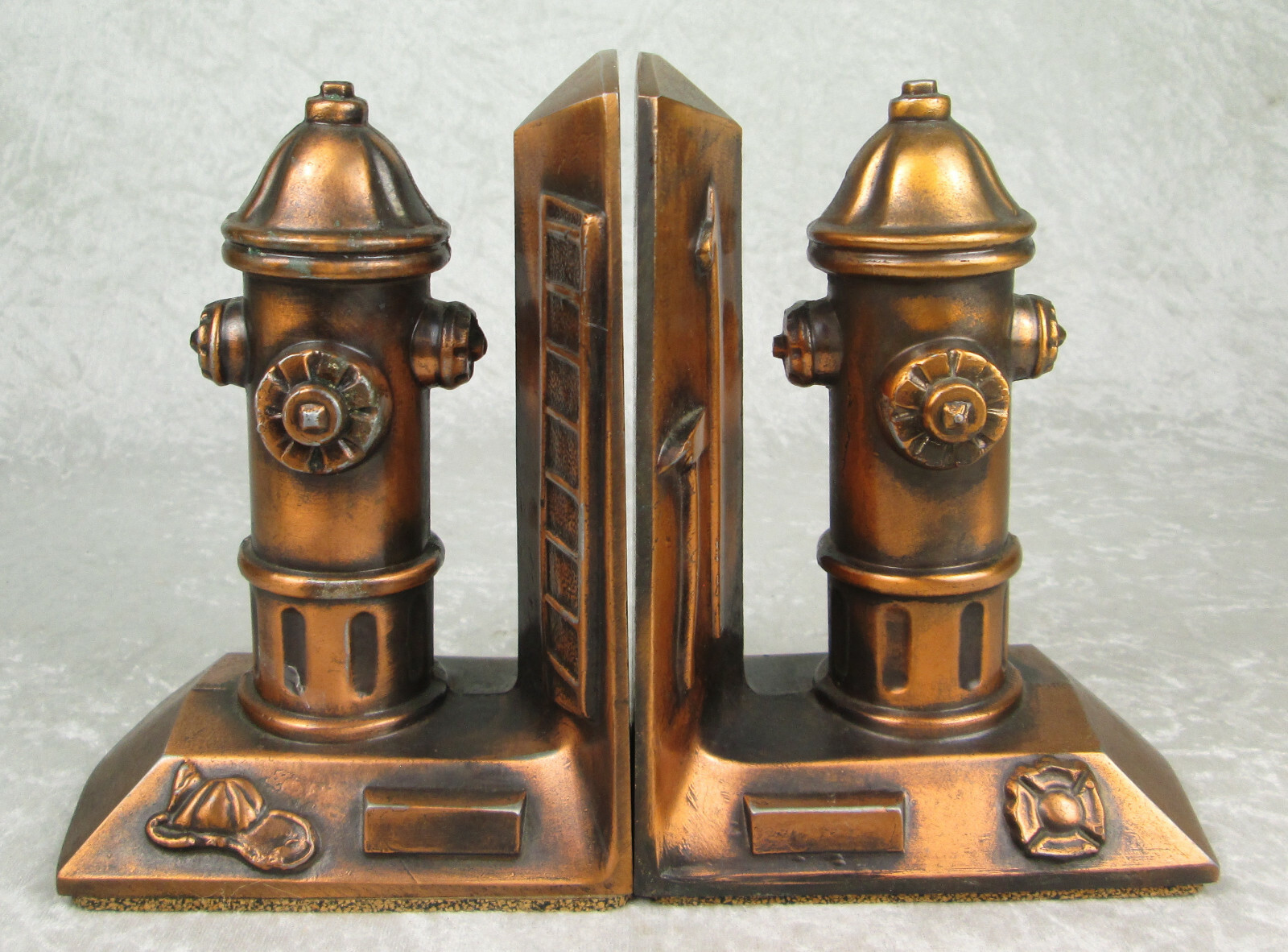 Pair Fire Hydrant Fireman Metal Bookends Copper Finish 7-1/4 inch Tall 3LB each