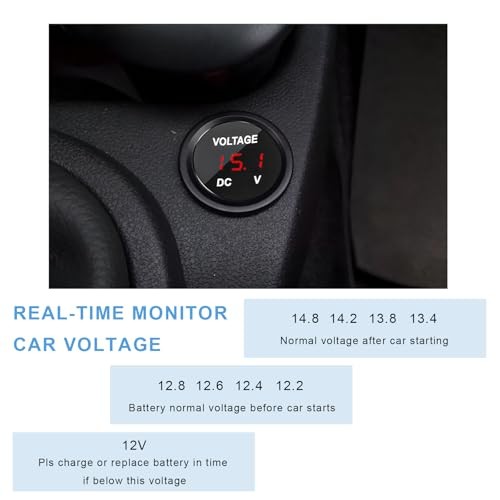 DC 12V 24V Voltmeter Gauge, Waterproof Vehicle Battery Monitor Indicator Red