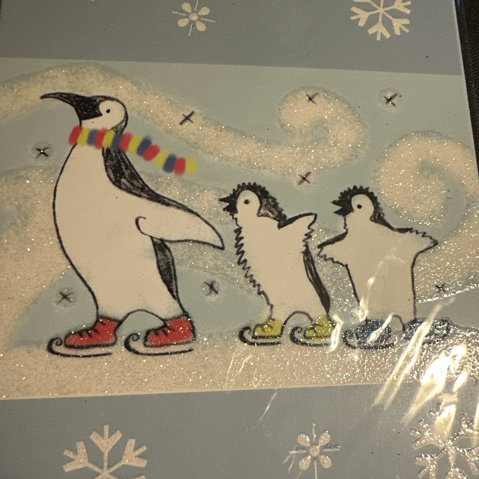 Vtg Christmas Card UNUSED Gift Card Holder Glitter Penguins Snow W/env