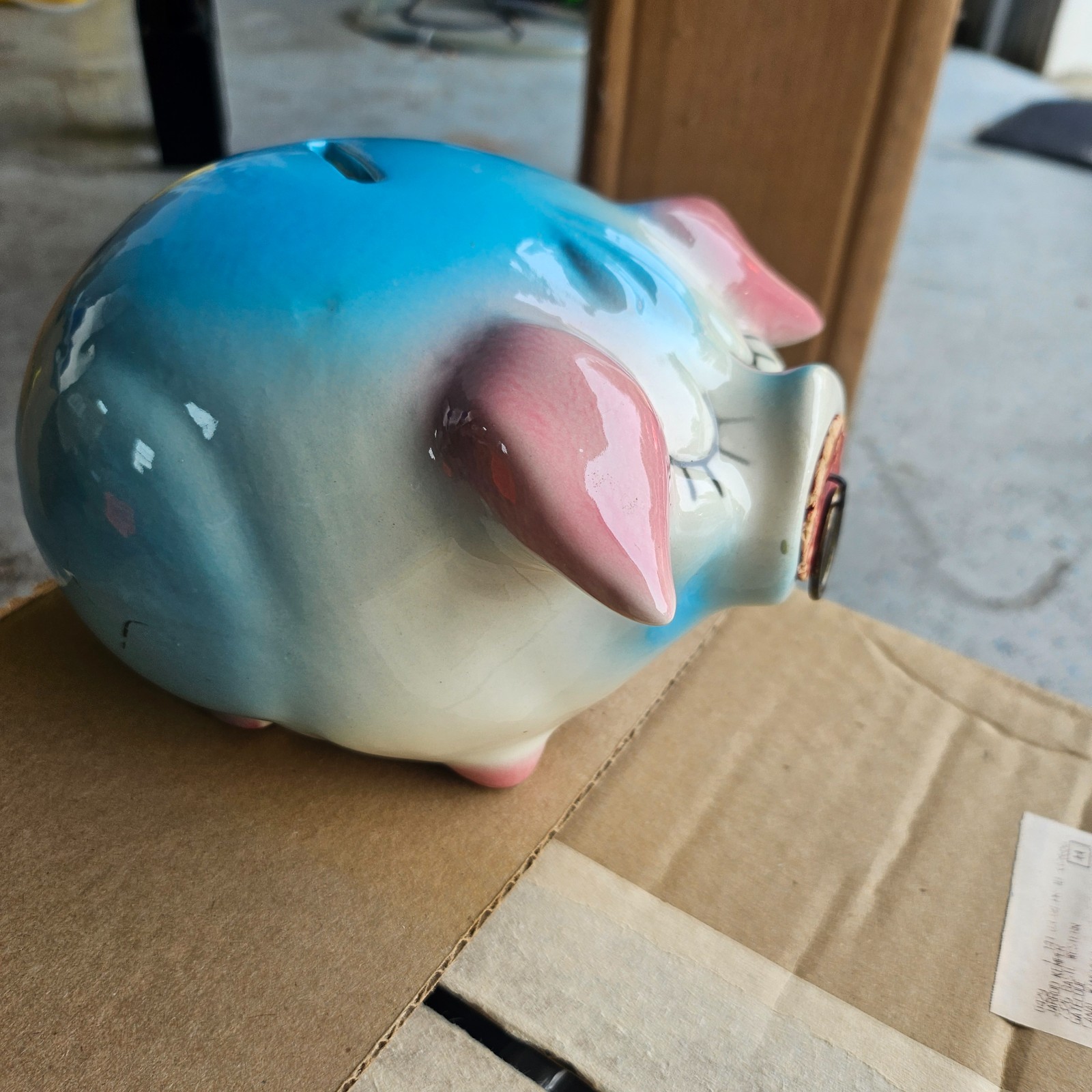 1957 HULL Pottery Corky Pig Bank Blue Pink White Ceramic Made in USA