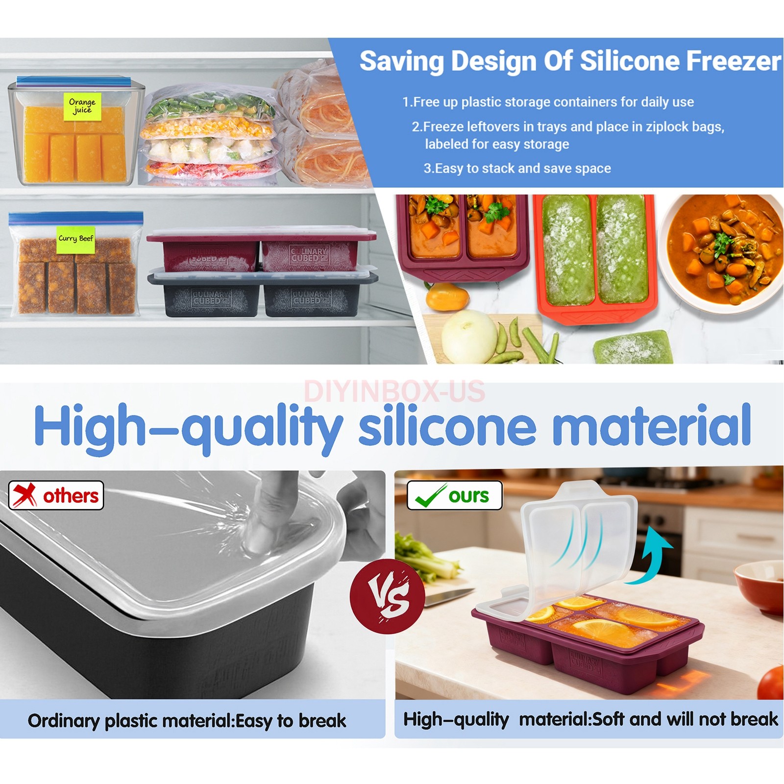 CulinaryCubed Silicone Freezer 4 Compartments Meal Prep Food Storage Containers