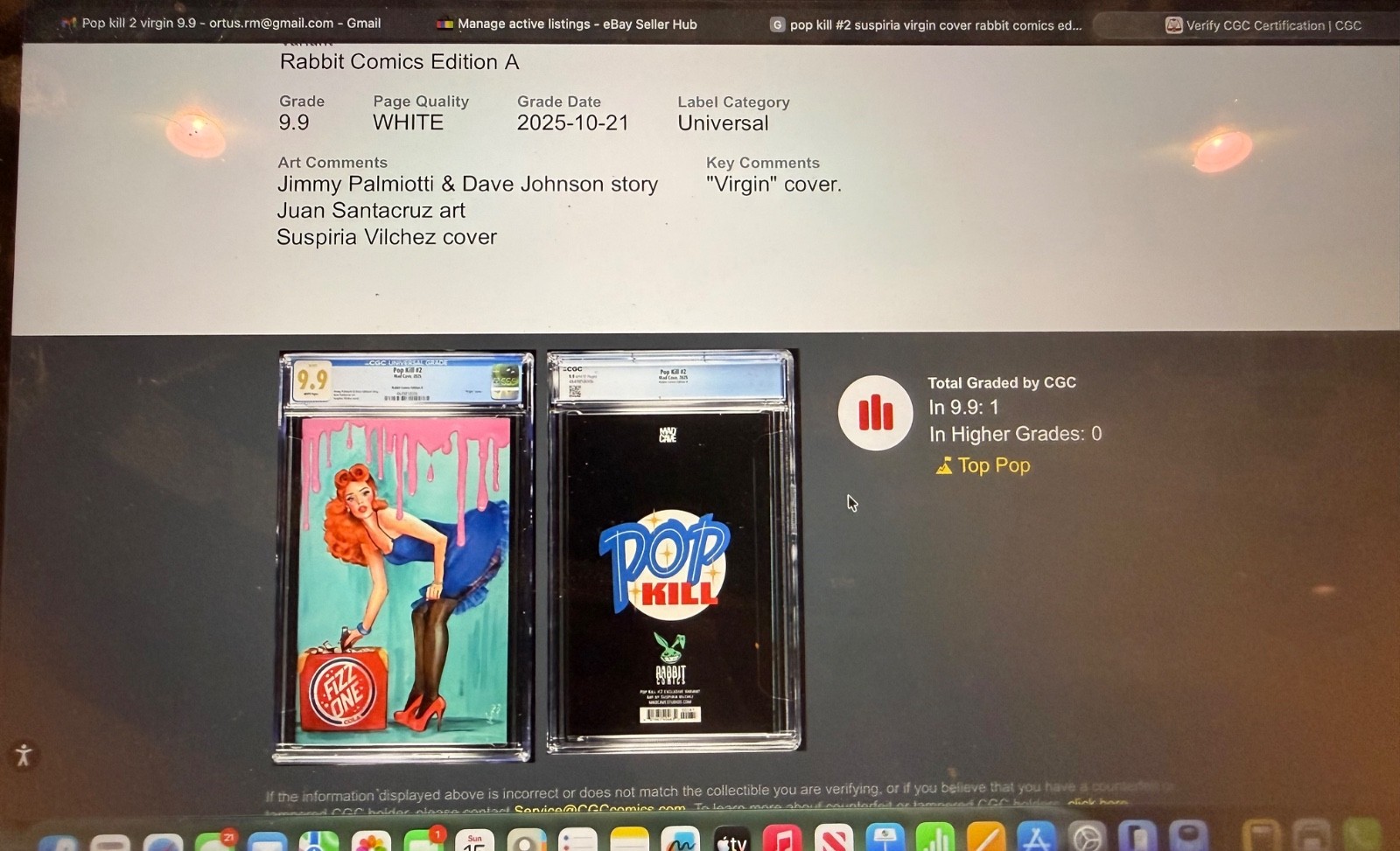 POP KILL #2 RABBIT COMICS EDITION A SUSPIRIA VIRGIN COVER ONLY CGC 9.9