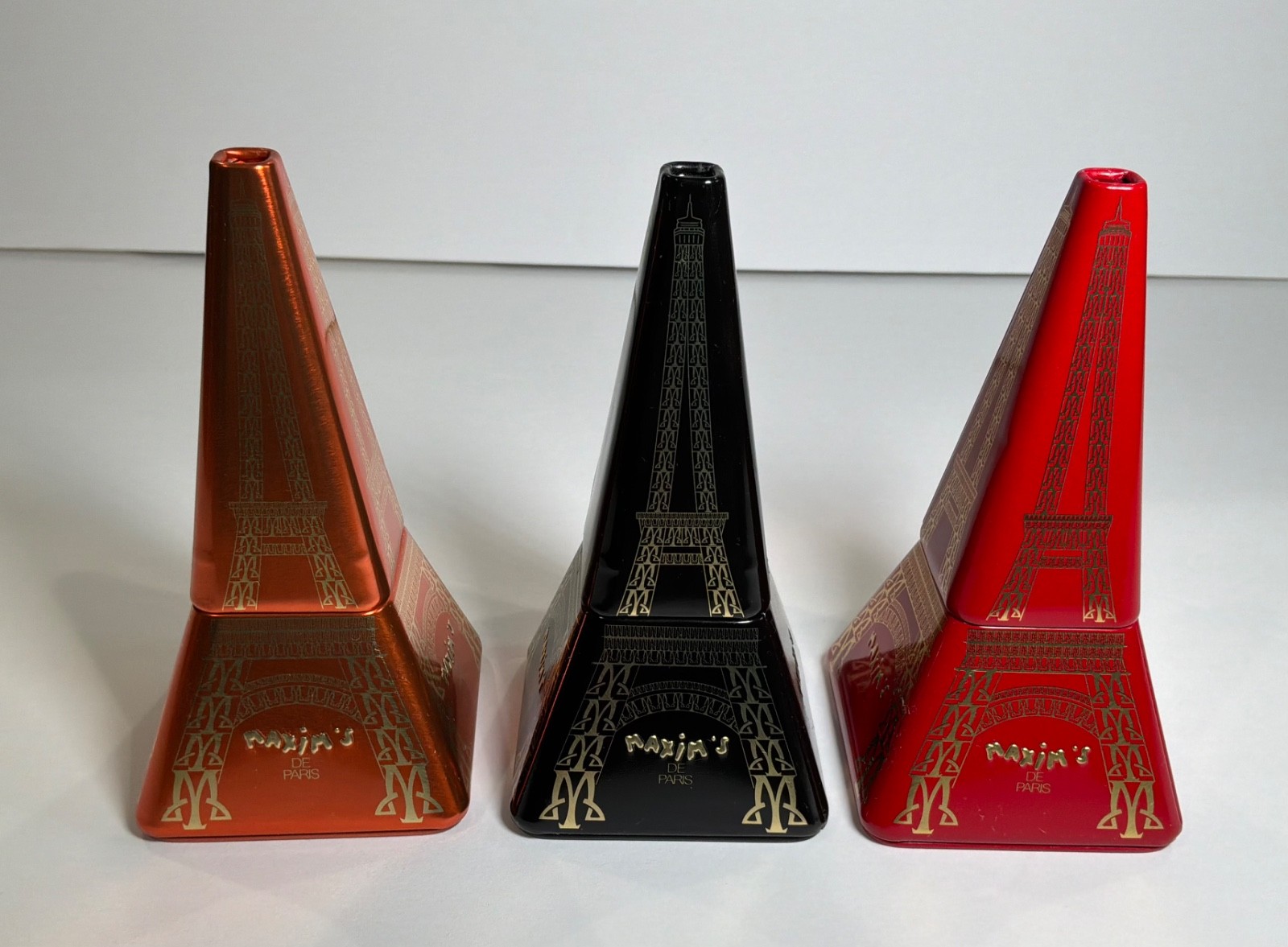 Maxim’s De Paris Black Eiffel Tower Chocolate Tins Only Red, Orange, Black Lot