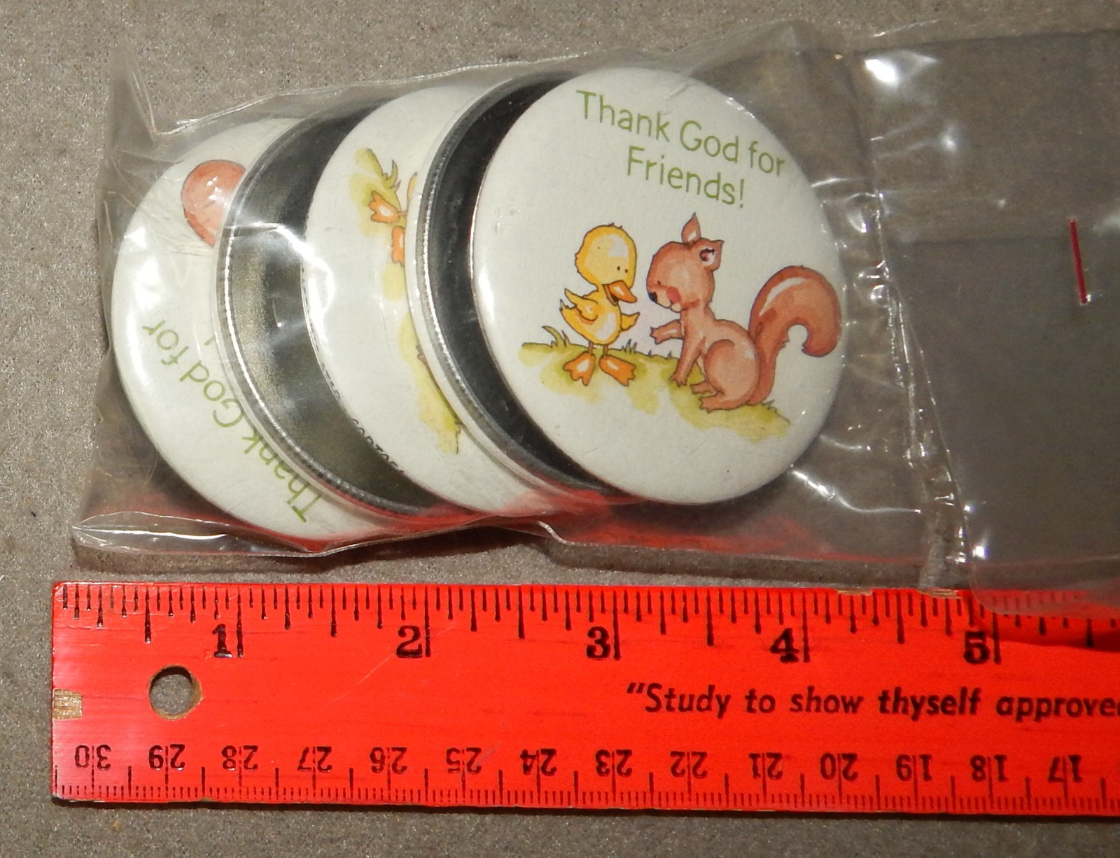 6 Vintage Thank God for Friends! Pin Buttons (about 2 1/4″ in diameter) new
