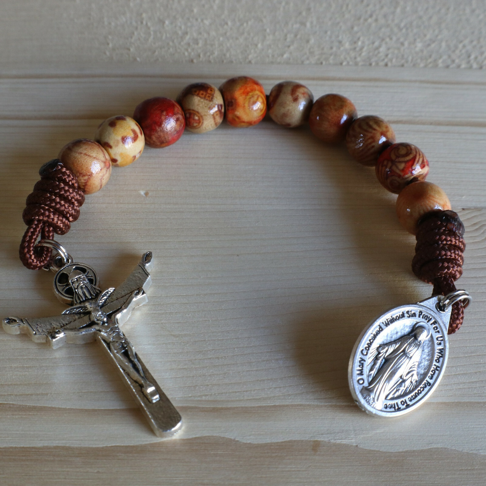 One Decade Multicolored Wood Bead Pocket Rosary Brown Paracord Rosario Catholic
