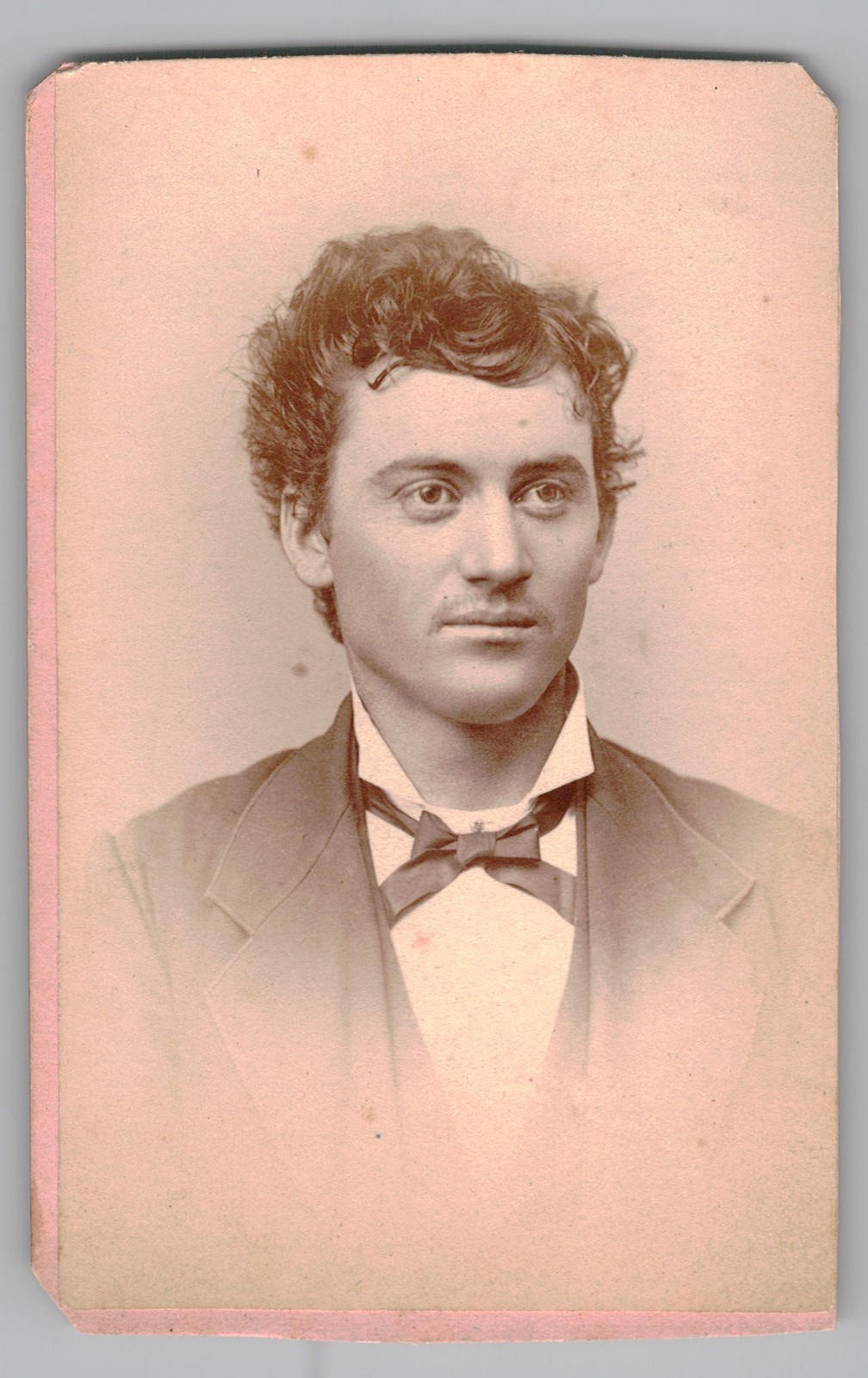 Antique CDV Young Handsome Man Curly Hair Mustache in Suit And Bow Tie Unmarked