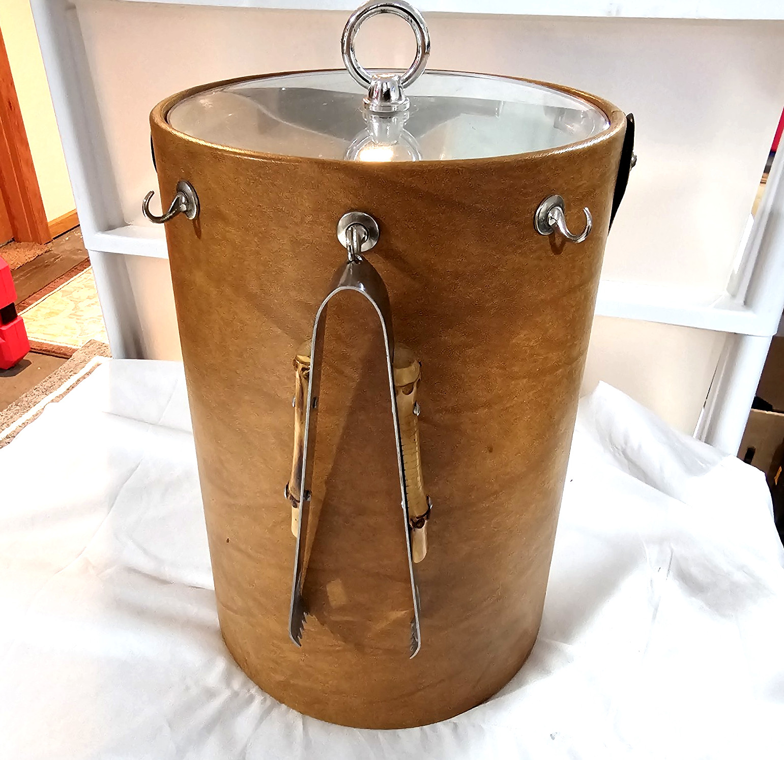 Vintage Georges Briard MCM Brown Leather Ice Bucket With Tongs Signed 11 inches
