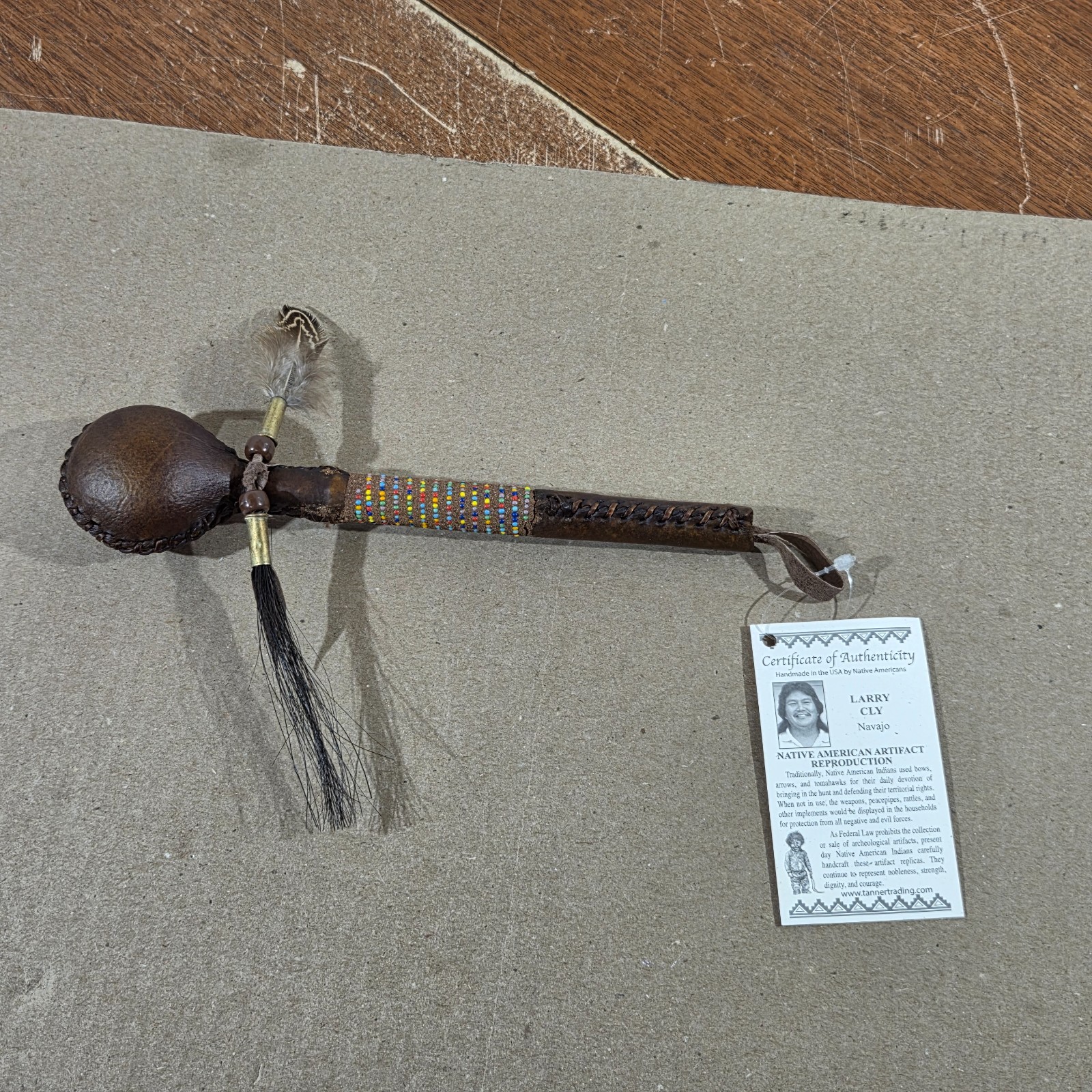 Authentic Navajo Handcrafted Traditional Rattle Rawhide leather Feathers COA