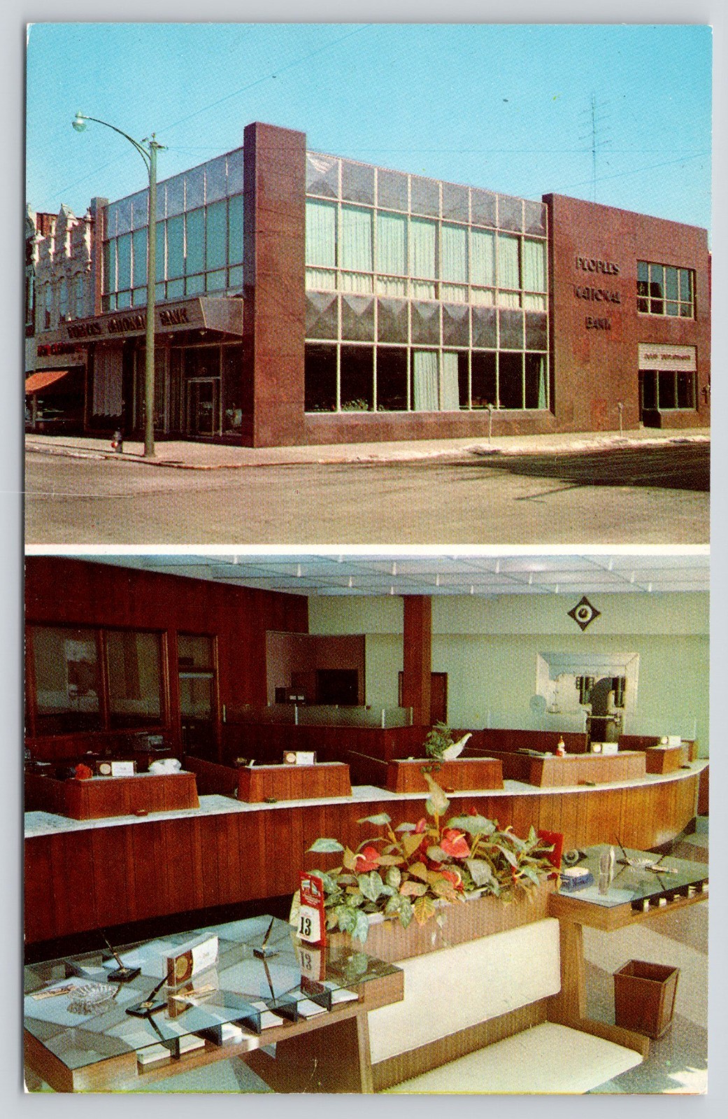 The Peoples National Bank, Dual View Interior Exterior, Delphos OH Ohio Postcard