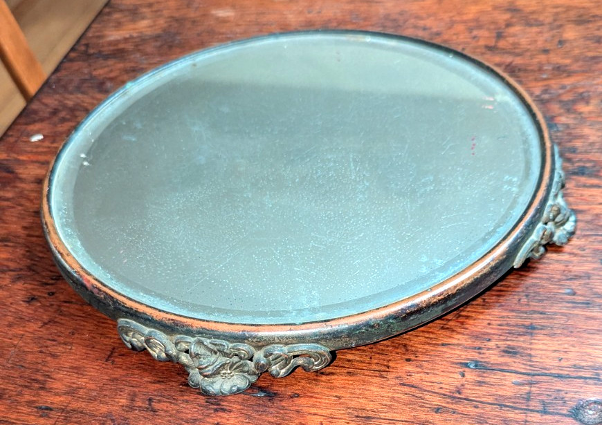 Antique Plateau Vanity Beveled Mirror Metal FLORAL FOOTED Tray Display Patina
