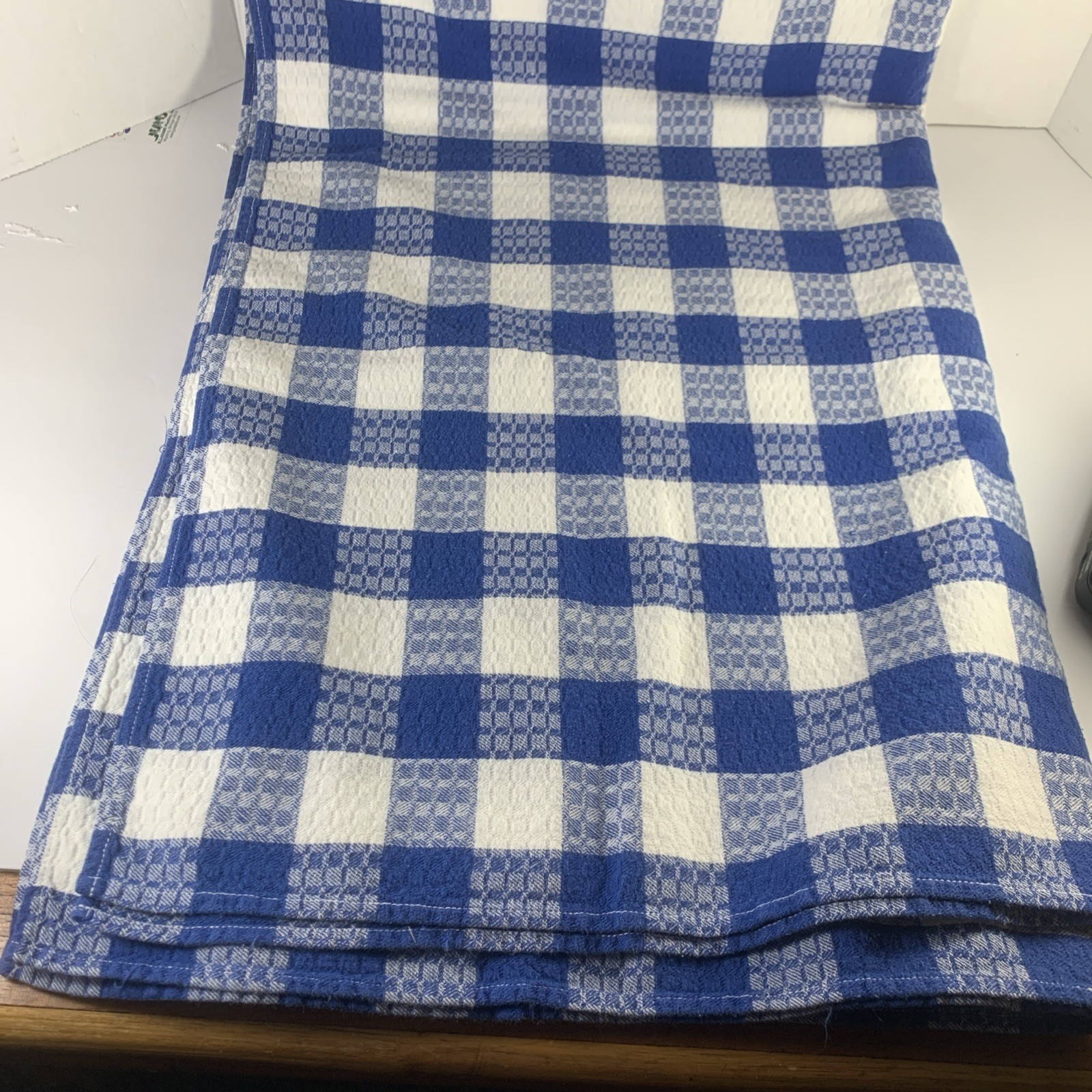 Vintage Blue White Checked Gingham Tablecloth Jacquard 62”x48 French Country Exc