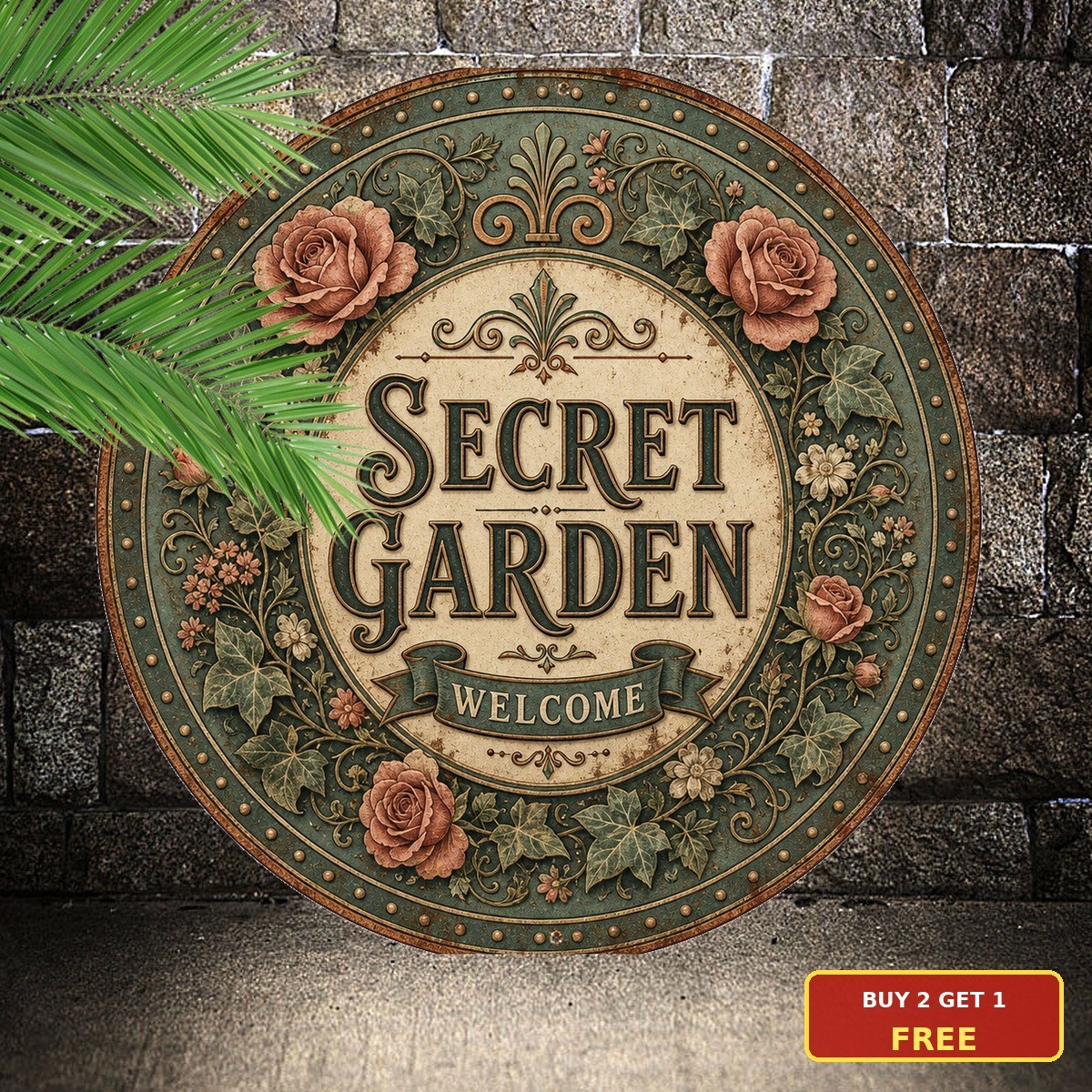 Secret Garden Botanical Flowers Round Tin Sign 8×8 Backyard Porch Wall Decor