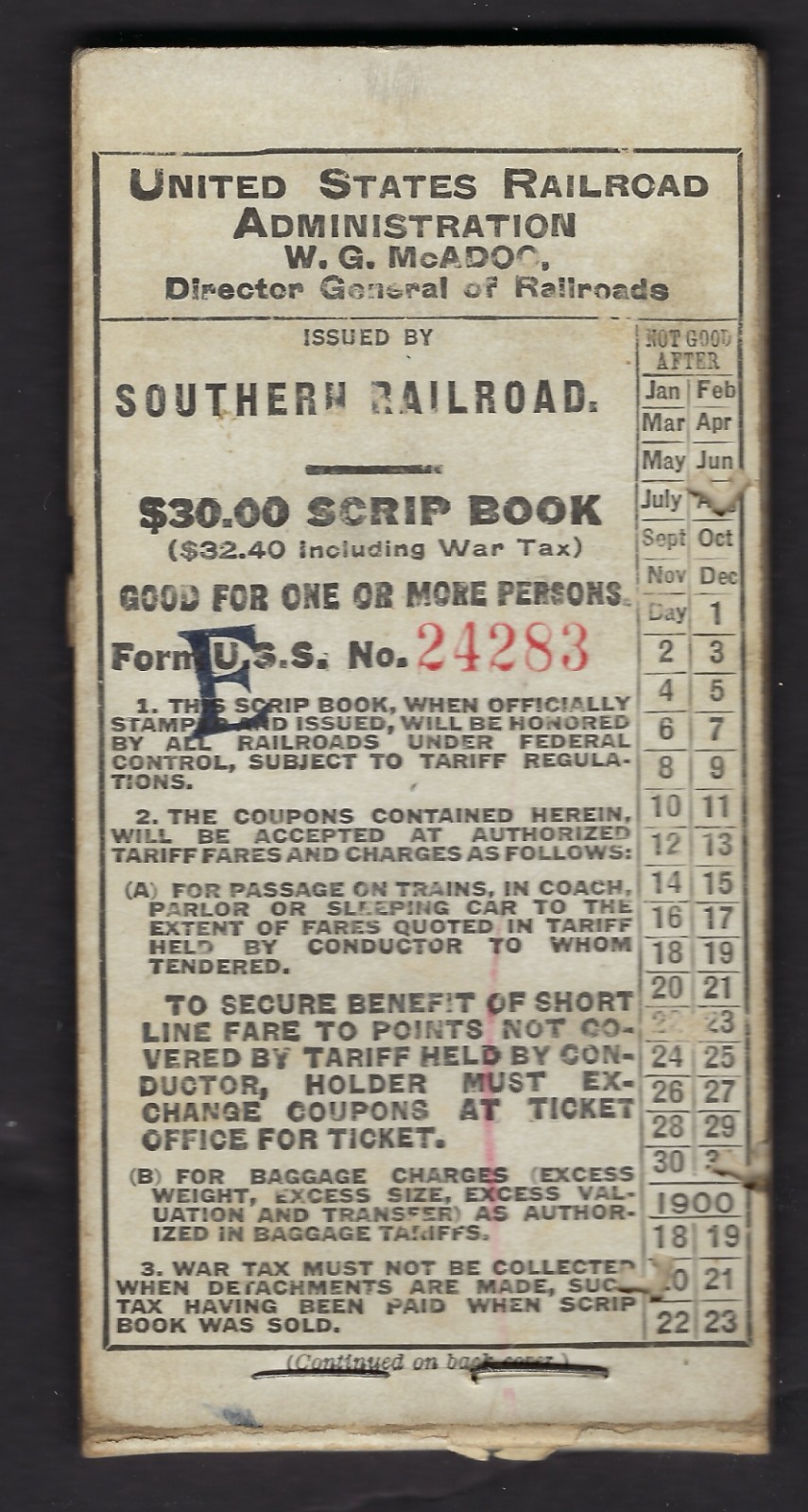1919 Southern Railroad $30.00 Scrip Book with tickets number 37 thru 60