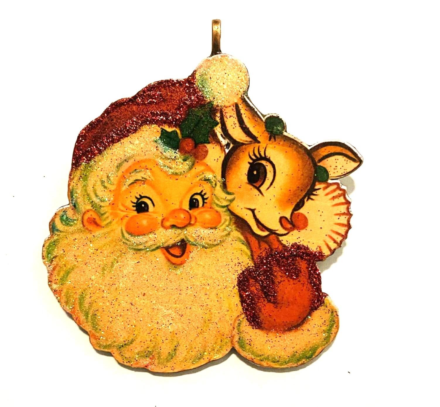 Handmade Glittered Santa & Reindeer Wood Ornament: Vintage Style Holiday Decor