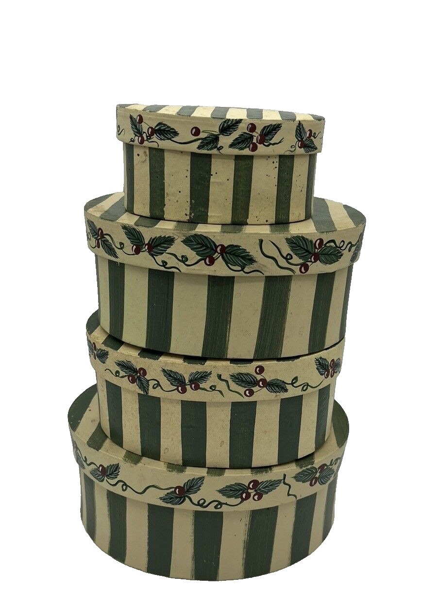 Christmas Decorative Stacking Nesting Cardboard Boxes Green Stripes Lot of 4 VTG