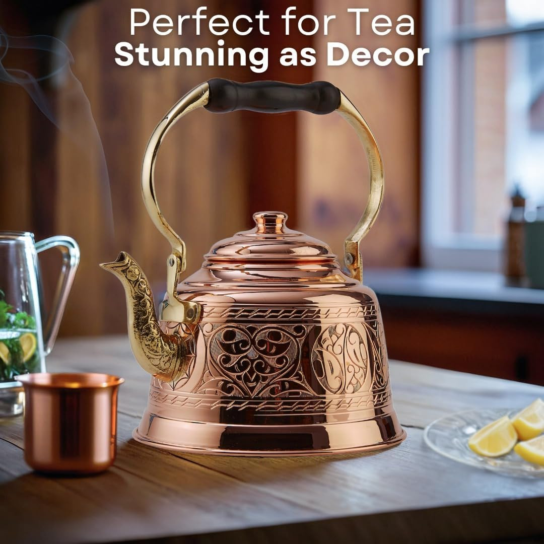 Handmade 1.6-Quart Engraved Solid Copper Teapot Kettle – Heavy Gauge