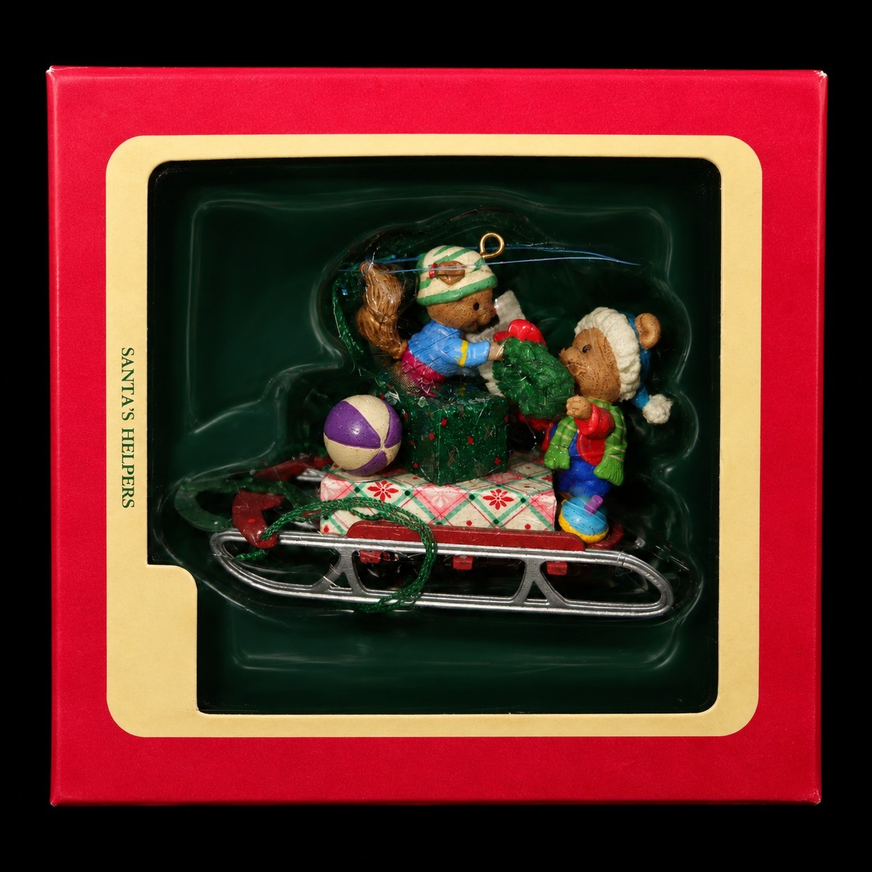 Santa’s Helpers Christmas Ornament Teddy Bears on Sled in Box