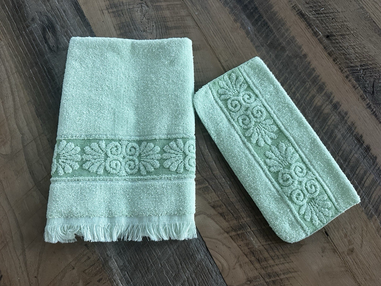 Cannon Monticello Bath hand towel Wash Cloth Lime Green Fringe Sculpted Vtg MCM