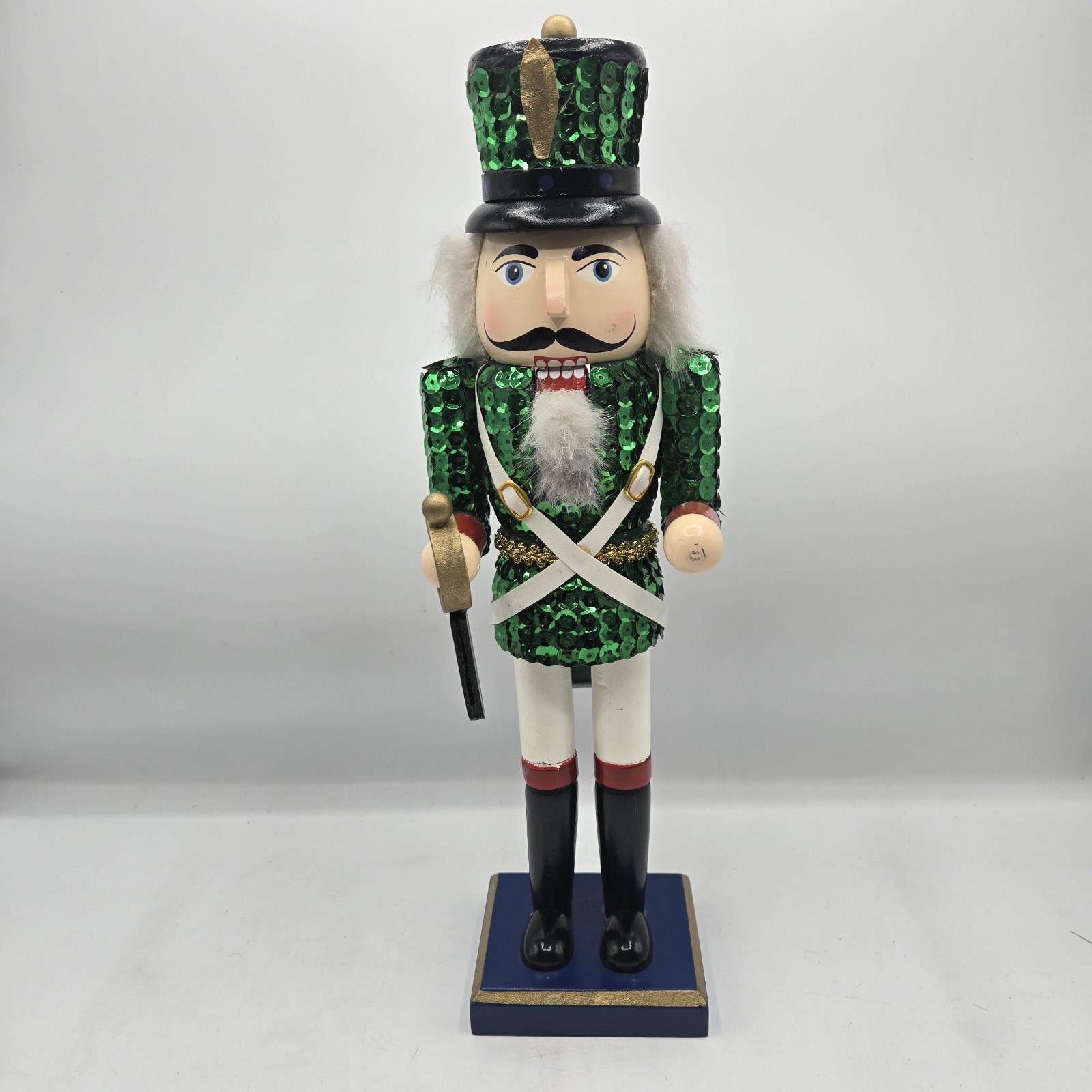 14” Nutcracker Soldier Green Sequin Jacket With Sword Wooden Christmas Decor