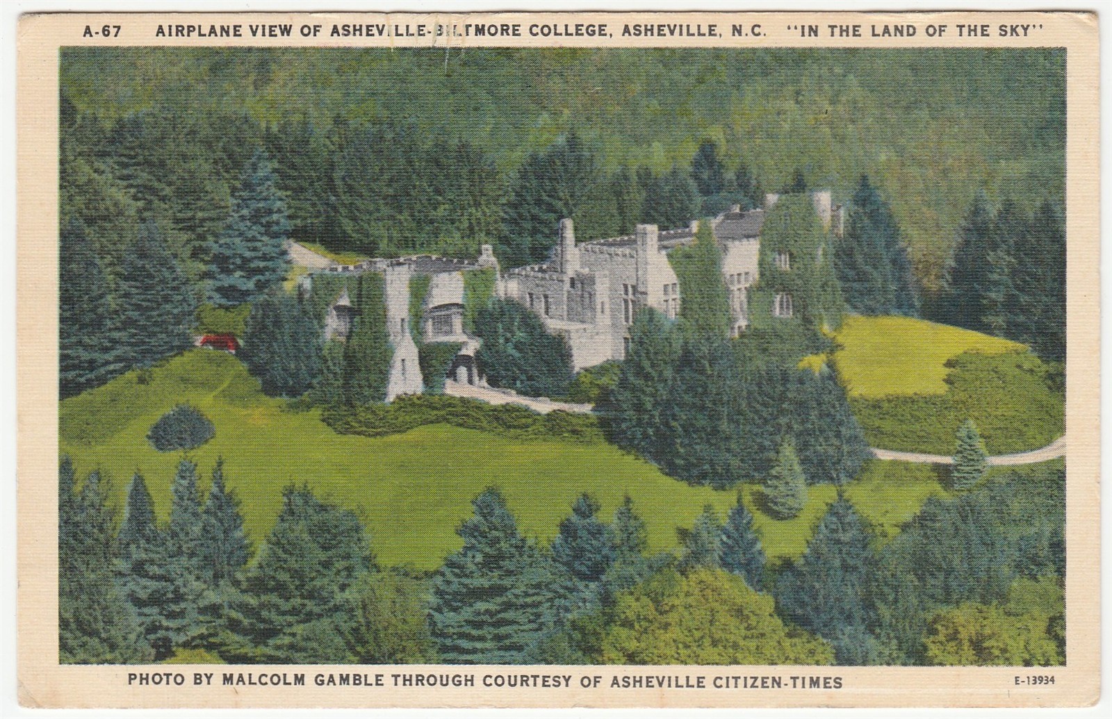 Vintage Postcard Airplane View of Asheville Biltmore College North Carolina 1956