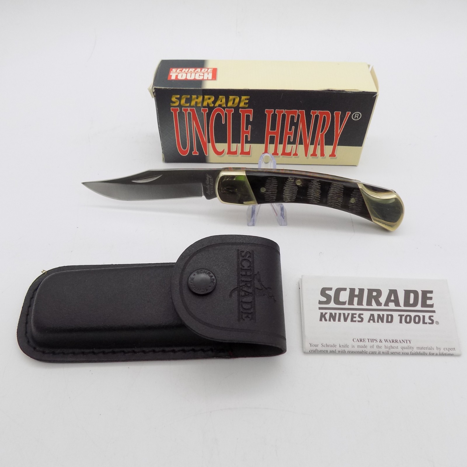 Uncle Henry Schrade Knife LB7B W/Black Leather Sheath Jigged Bone 3-3/4″ New/Box
