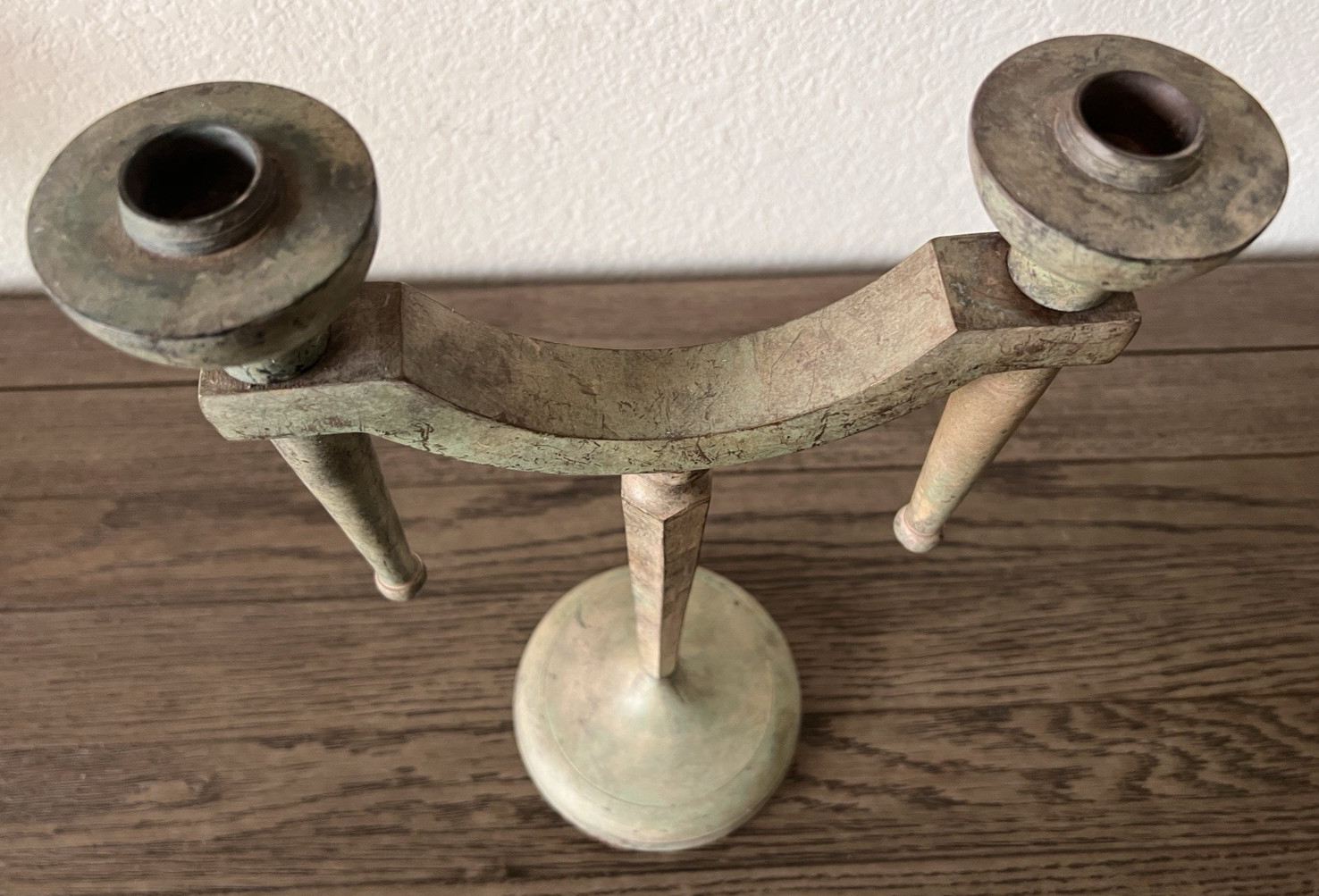 Vintage Brutalist Verdigris Metal Double Taper Candle Holder Candelabra 14″