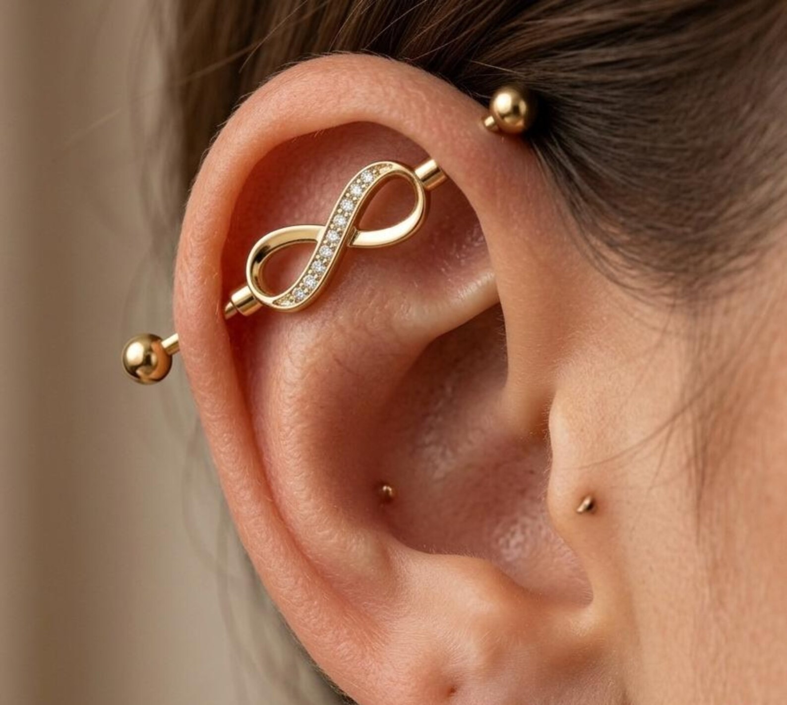 14K Yellow Gold Over Infinity Barbell Piercing Diamond Industrial Helix Jewelry